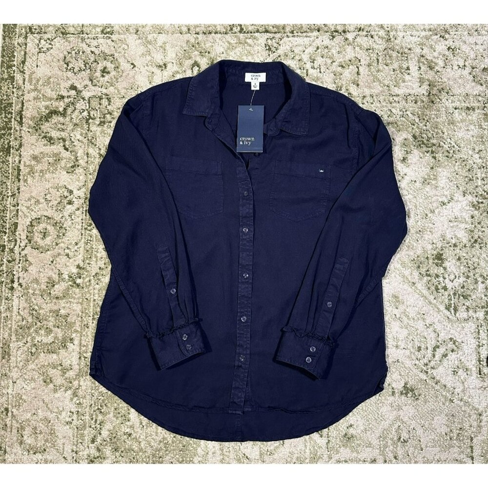 NWT Crown and Ivy Navy Blue Tencel Lyocell Button Down Top Ruffle Cuffs Size S